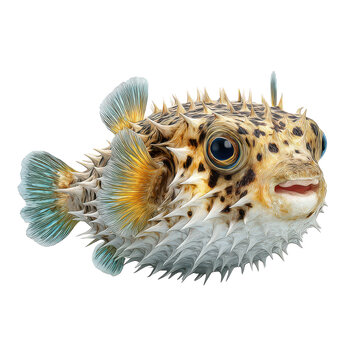 Puffer fish swimming in clear water with a focus on its unique body shape and textures