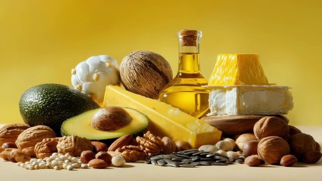 Composition of oils, nuts, seeds, avocado, and other Omega-6 rich and healthy fat products on a light blue background