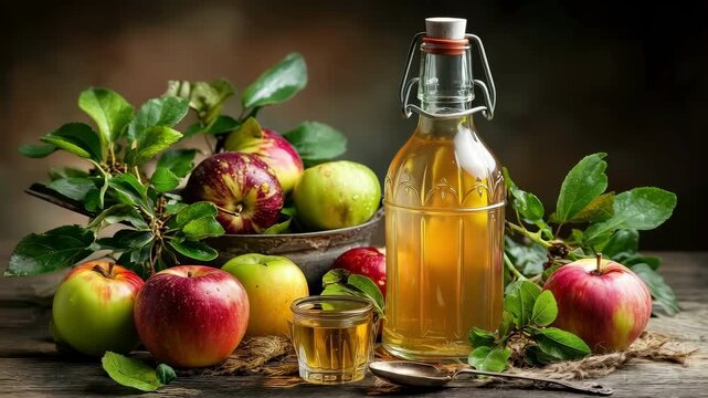 Bottle of Apple Cider Vinegar or Cider and Fresh Apples on an Old Wooden Stump