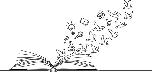 Open book releasing knowledge icons birds line art illustration symbolizing education learning creativity imagination minimal conceptual vector design © Fahim's World