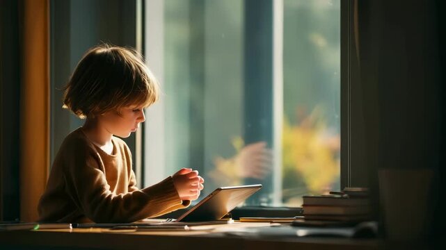 Little child in glasses studying online using a tablet at home
