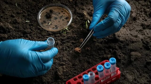 A close-up high-angle shot of hands wearing blue protective gloves performing soil analysis with test tubes and a petri dish