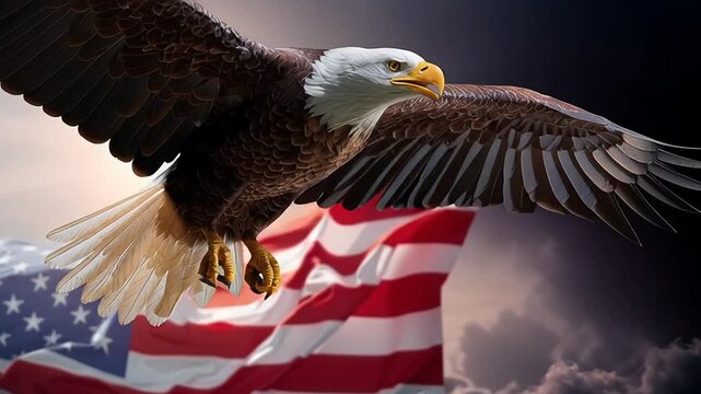 Bald eagle soaring over american flag under dramatic cloudy sky, wide wingspan cutting through golden light, stars and stripes waving in wind, cinematic