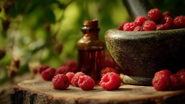 Natural raspberry oil or essence: bottle, fresh berries, and mortar on a stump
