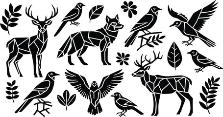 Obraz premium Geometric Wildlife Animal Vector Set, Deer Fox Birds Polygon Style Collection, Nature Forest Modern Clipart Design