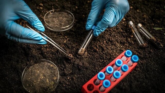 A close-up high-angle shot of hands wearing blue protective gloves performing soil analysis with test tubes and a petri dish