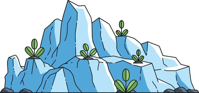 Blue iceberg features small green sprouts emerging from the icy peaks, symbolizing fragile life or adaptation in harsh environments.