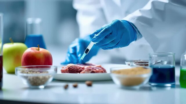 Lab meat control: scientist injecting a steak for analysis or modification