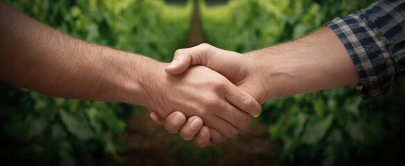 Naklejka premium Collaborative handshake in a thriving vibrant vineyard representing agricultural partnership and growth