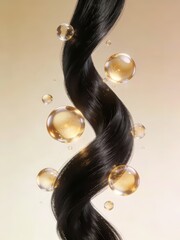 Obraz premium Black hair strands interweave with golden nourishing liquid bubbles, intuitively showing the deep nourishing effect of hair care, making it a material image suitable for hair, hair quality and hair no