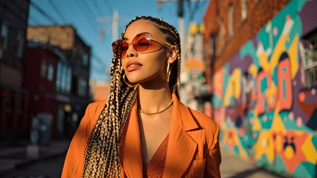 Black woman braided sunglasses urban portrait cinematic goldenhour lighting amber lens reflections colorful graffiti mural backdrop bustling street confident