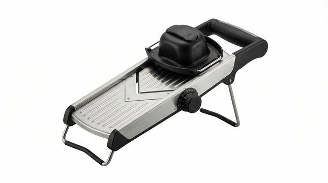 Stainless steel adjustable mandoline slicer with sharp blade kitchen tool for precise food preparation and cooking isolated on white background