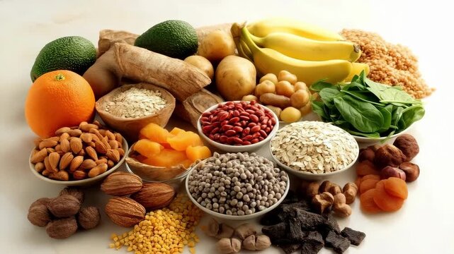 Variety of dried fruits, berries, nuts, legumes, and greens rich in potassium in wooden bowls on a dark background