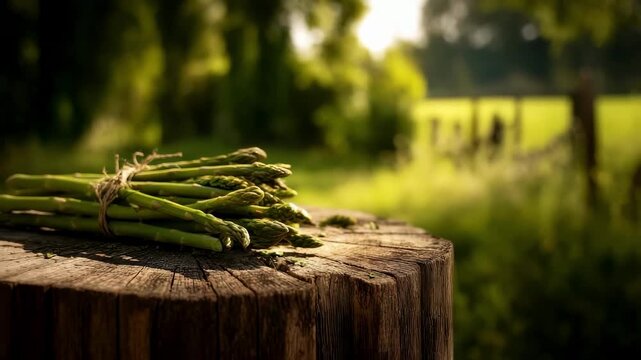 Bunch of freshly harvested green asparagus tied with twine on a garden stump