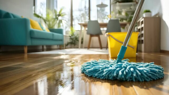 A bright, clean, low-angle shot focusing on a blue microfiber mop cleaning a shiny wooden floor
