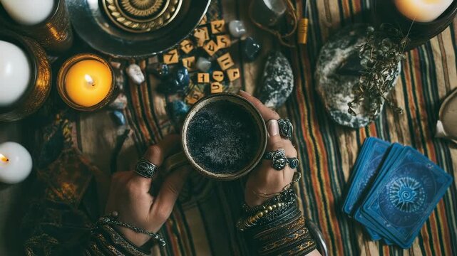 A captivating, esoteric top-down shot of a hand holding a coffee cup for reading, surrounded by Tarot cards and runes