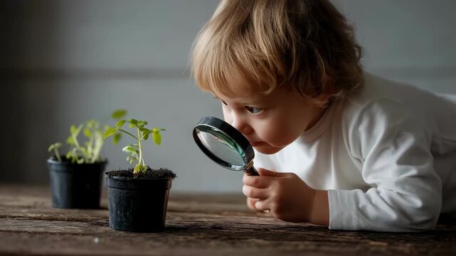 A charming and inquisitive close-up shot of a young boy examining a small seedling with a magnifying glass