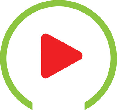 Vibrant play button symbol featuring red triangular arrow inside lime green open circle representing digital media playback and content