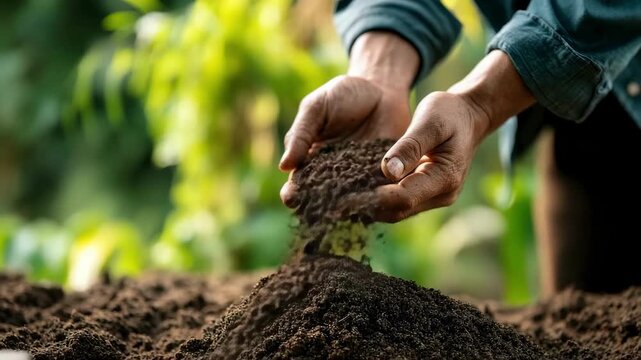 A close-up dynamic shot of a pair of hands with sleeves rolled up, sifting fertile soil