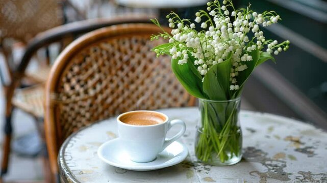 Bunch of lily of the valley and cup of coffee on a table of French street cafe. French tradition to offer lily of the valley on the 1st of May which is a public holiday in France.