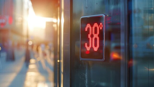 Street thermometer showing 38 Celsius degrees on a city street during heat wave.