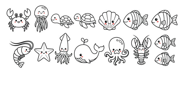 Vector set of cute sea animals, collection of marine creatures, crab, jellyfish, turtle, shell, fish, shrimp, starfish, squid, whale, octopus, lobster