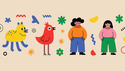 Naklejka premium Vector hand drawn vector illustration of cute characters and abstract shapes, including a yellow creature, a red bird, and two people