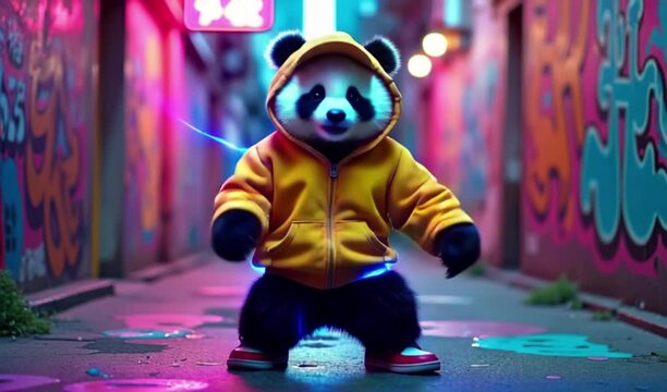 Adorable bear/hooded panda-like character wearing futuristic neon goggles, nighttime street with colorful bokeh, confident walking stance, glowing blue visor accents, cinematic neon reflections, 4K