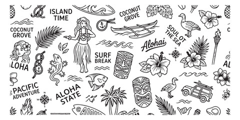 Tropical summer surf beach pattern, hand drawn aloha tiki sketch, exotic coconut grove island, surf break ocean waves, hawaiian holiday doodle art, summer vacation beach elements, tropical flora and f © Geetaroy