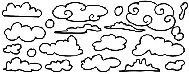 Obraz premium Minimalist Black Line Cloud Set, Japanese Zen Style Hand Drawn Sky Elements, Outline Cloud Doodles