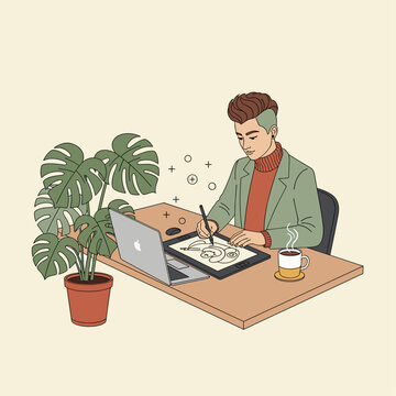 Non Binary Creative Professional at Desk Vector Illustration