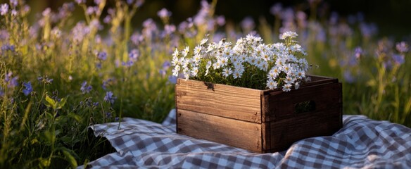 Naklejka premium a charming wooden box atop a gingham cloth in a sunny meadow of blossoms