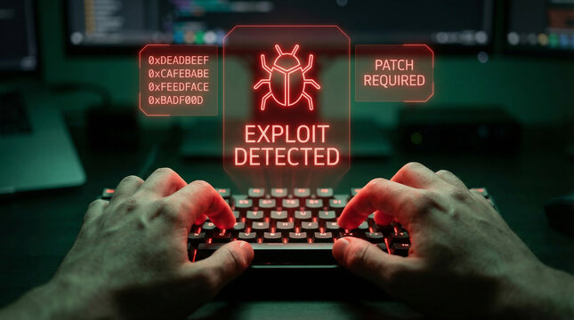 Zero Day Exploit Detected Concept with Red Warning Hologram on Keyboard, Cybersecurity Vulnerability Alert and Patch Required Interface for Emergency IT System Defense