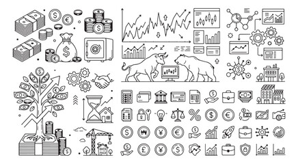 Naklejka premium Stock market and finance pattern, business and economy sketch, bull and bear market doodle, financial investment seamless background, money and wealth vector art, global economy trading texture, banki