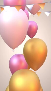 Happy birthday congratulation video with chocolate cake, golden, white and pink balloons and confetti falling down. Anniversary celebration loop animation