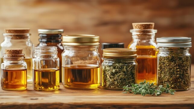 botanical amber setup Glass jars and bottles with golden oils and dried herbs with fresh thyme on wooden surface in warm rustic light creating natural wellness atmosphere