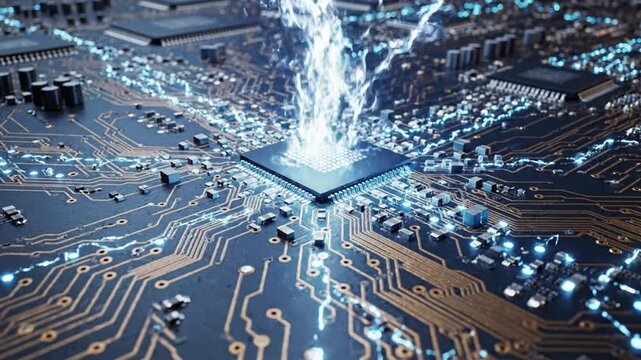Microchip explosion sparks electronic circuit board in modern technology lab environment