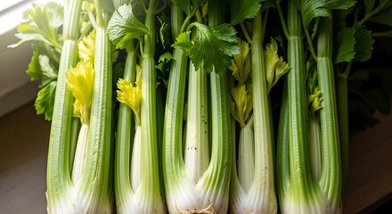 Obraz premium Fresh celery stalks on table.