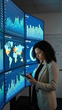 Woman analyzing global data on futuristic wall of screens in modern office