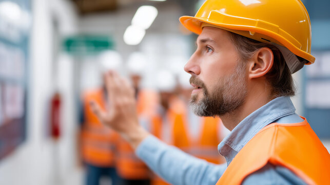 Faceless industrial safety trainer conducting an emergency evacuation procedure briefing with workers assembled near fire exit signage in a warehouse, defocused emergency equipment and safety