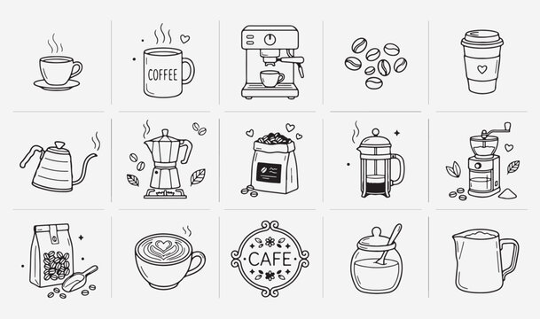Coffee and cafe doodle icon set, hand drawn barista equipment sketches, coffee shop decorative collection, morning beverage elements for design, coffee maker and cup vector graphics, caffeine line art
