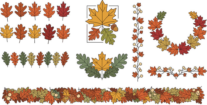 Autumn Foliage Design Kit Featuring Leaf Borders Wreaths and Frames with Maple and Oak Leaves for Fall Season Event Invitations Thanksgiving Decor and Greeting Cards