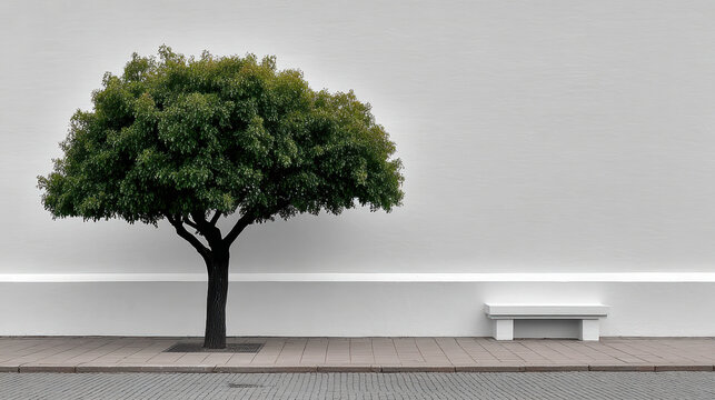 Green street tree silhouette against white wall with bench for minimalist background and urban landscape design