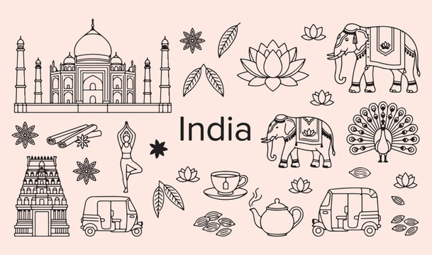 India culture and yoga doodle set, hand drawn Indian landmarks sketches, traditional India icon collection, minimalist Taj Mahal vector graphics, Indian elements for design, yoga and elephant line art