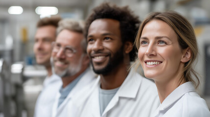 Fototapeta premium Faceless multicultural team of engineers working together at industrial machines on a factory floor, engaged in problem-solving discussion, defocused automated production equipment in