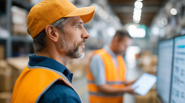 Faceless warehouse distribution team receiving task assignments from a supervisor on a digital display board at the start of a shift, defocused organized storage shelves and vehicle bays in