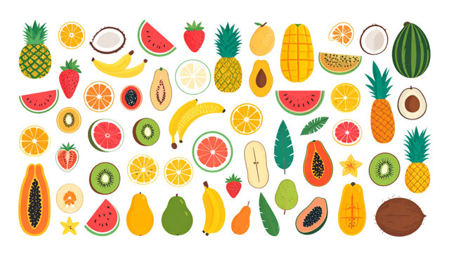 Tropical Fresh Fruit Collection Pineapple Mango Watermelon Flat Vector Set