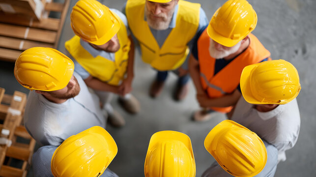 Overhead top-down view of faceless workers in yellow hard hats and safety vests arranged in a circle during a toolbox talk on a warehouse floor, defocused industrial equipment around them,