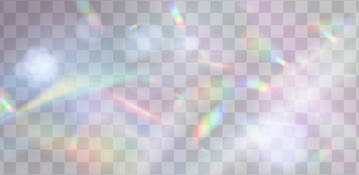 Radiant light flare with rainbow prism effects and crystal reflections on transparent background. Vector realistic brilliant sunlight beams, holographic glass textures with sparkling light overlay.