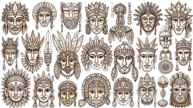 Mayan and Aztec Tribal Mask Line Art Vector Set with Calendar Symbols